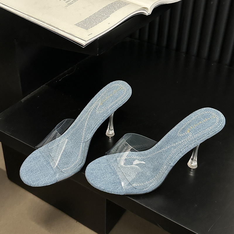 Sandalias para mujer con zapatillas cristalinas de mulas tacones altos punta abierta punta de aguja deslizantes - Imagen 14 de 15