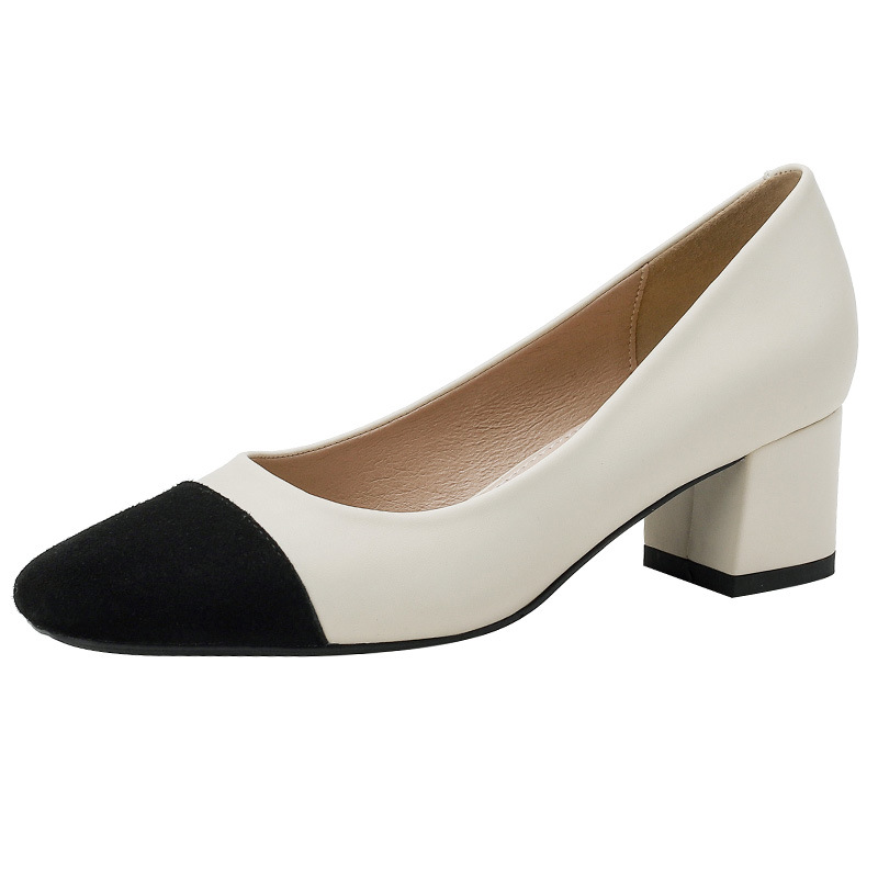 Mid Heel Shoes Women Spring Comfortable Round Toe Cowhide Leather Casual Pumps