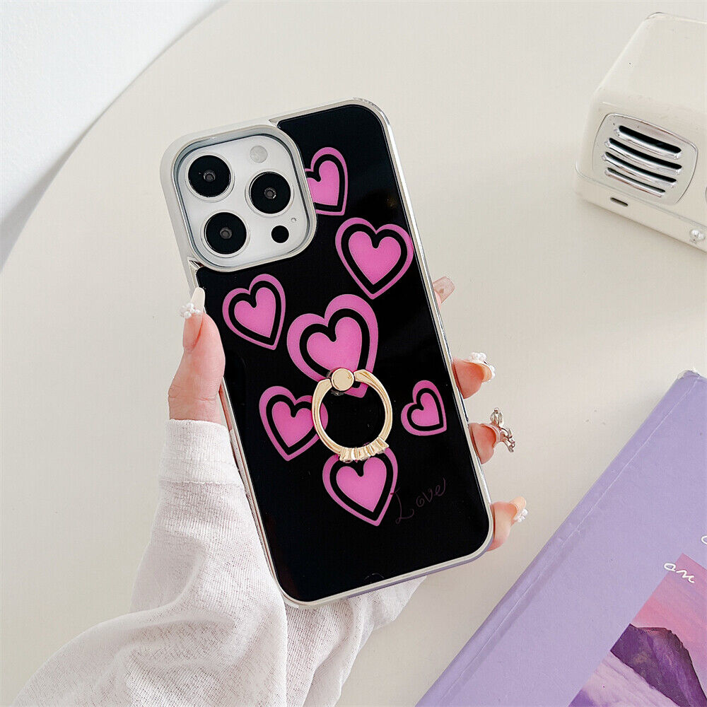 Fashion Love Heart Pattern Ring Plating TPU Phone Case For iPhone 15 13 Pro