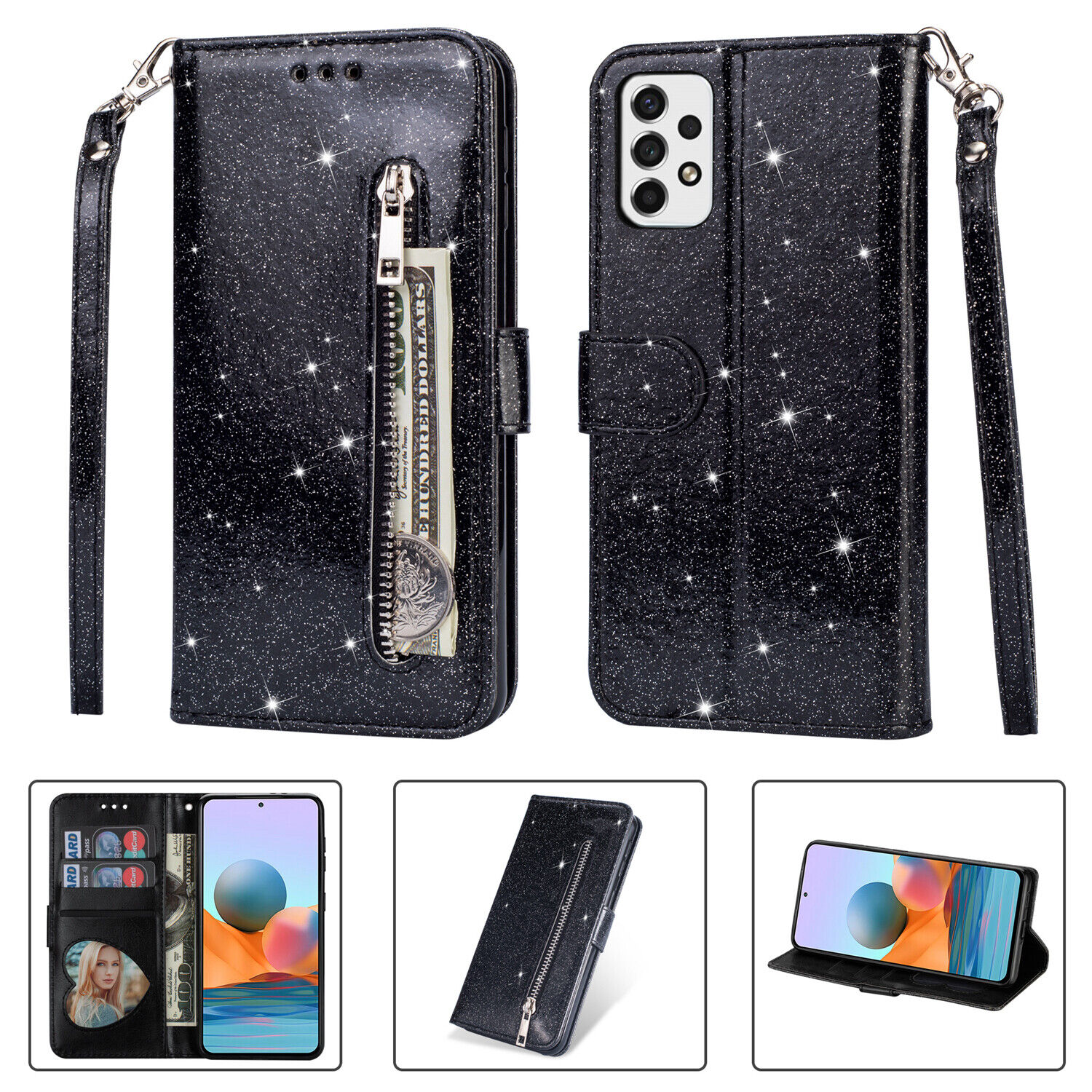 For Samsung Galaxy A82 A71 A72 Glitter Leather Flip Holder Wallet Phone Case - Picture 20 of 25