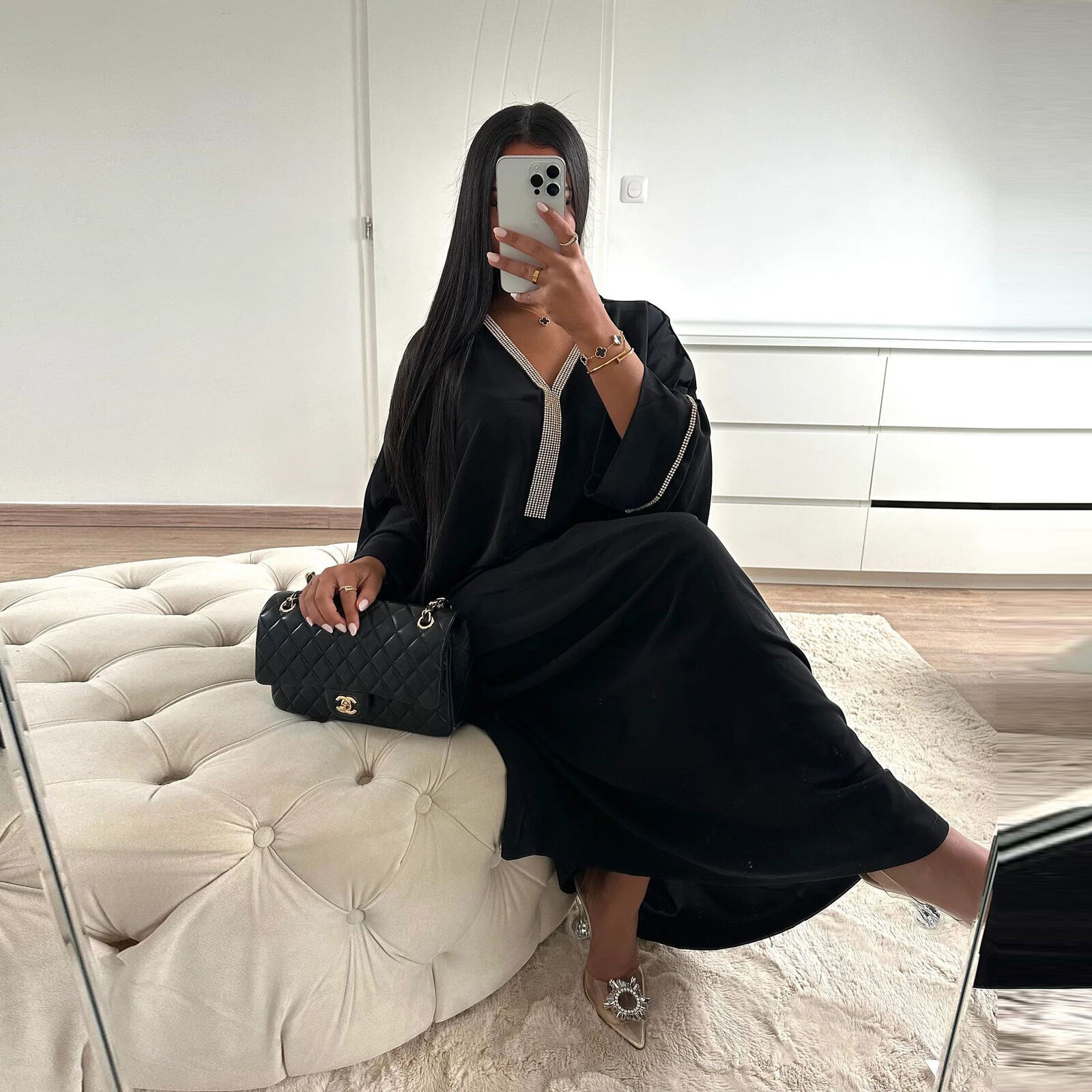 Versatile Dress Bat Sleeves Rhinestones Inlaid Fashion Women Arab Robe Abaya