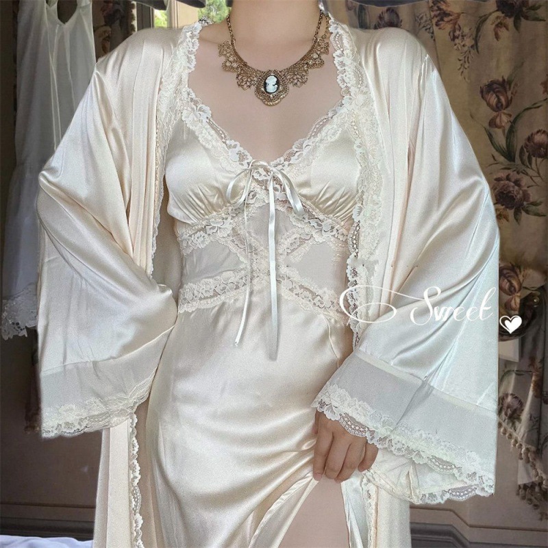 Camicia da notte donna francese vintage seta liscia cura della pelle vestiti casa accappatoio mattina - Foto 8 di 9