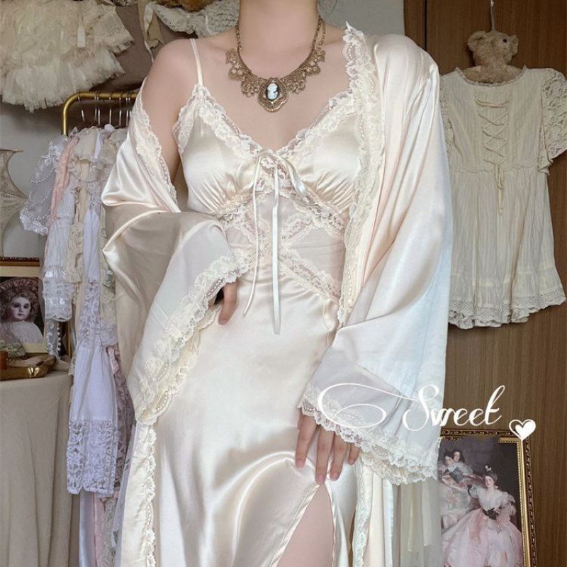 Camicia da notte donna francese vintage seta liscia cura della pelle vestiti casa accappatoio mattina - Foto 9 di 9