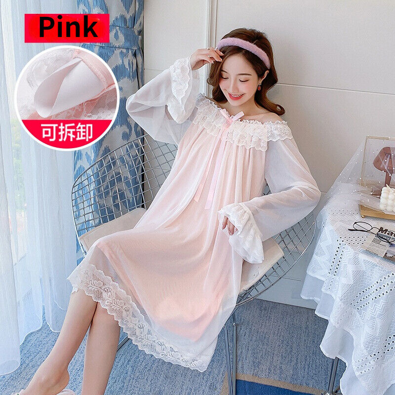 Women Lolita Nightdress Ruffle Lace Mesh Princess Sleepwear Retro Nightgown - Picture 7 of 9
