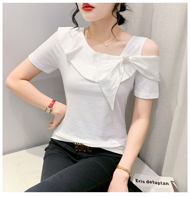 Women's Bow Ruffle Cold Shoulder Party Tops Blouse Solid Short Sleeve T-shirt