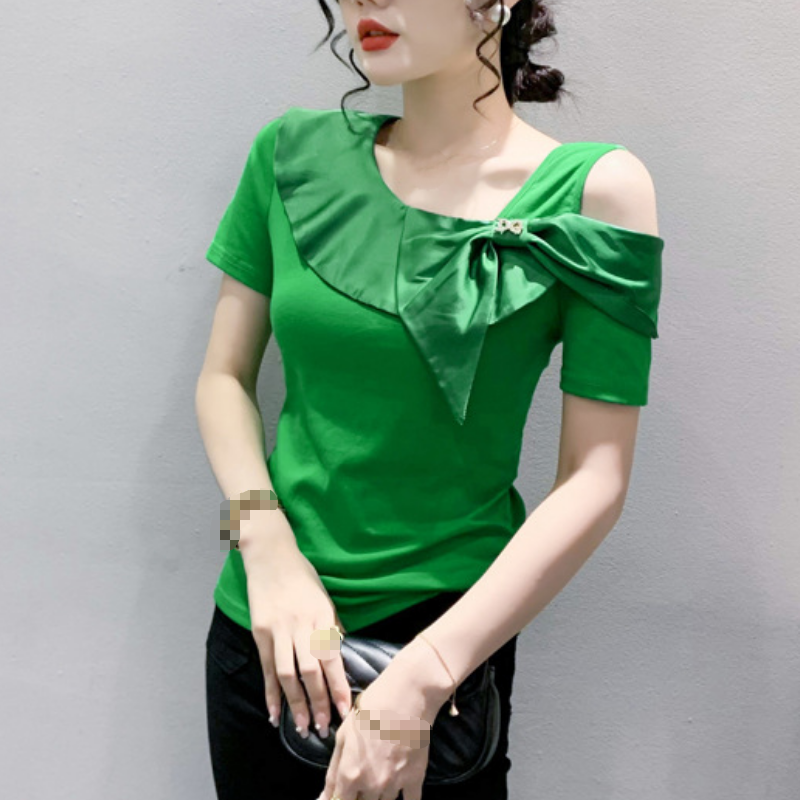 Women's Bow Ruffle Cold Shoulder Party Tops Blouse Solid Short Sleeve T-shirt