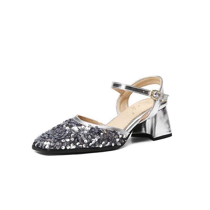 Sandalias de tacón ancho para mujer Zapatos con punta cuadrada Lentejuelas Hebilla al tobillo Bombas brillantes - Imagen 19 de 19