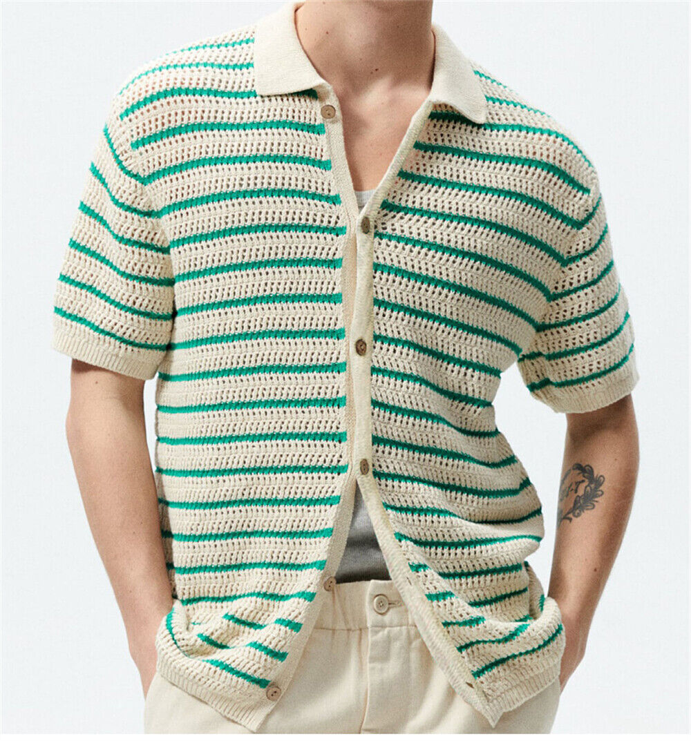 Men's Knitted Shirt Casual Slim Shirts Short Sleeve Button Down Tops Blouse Tee