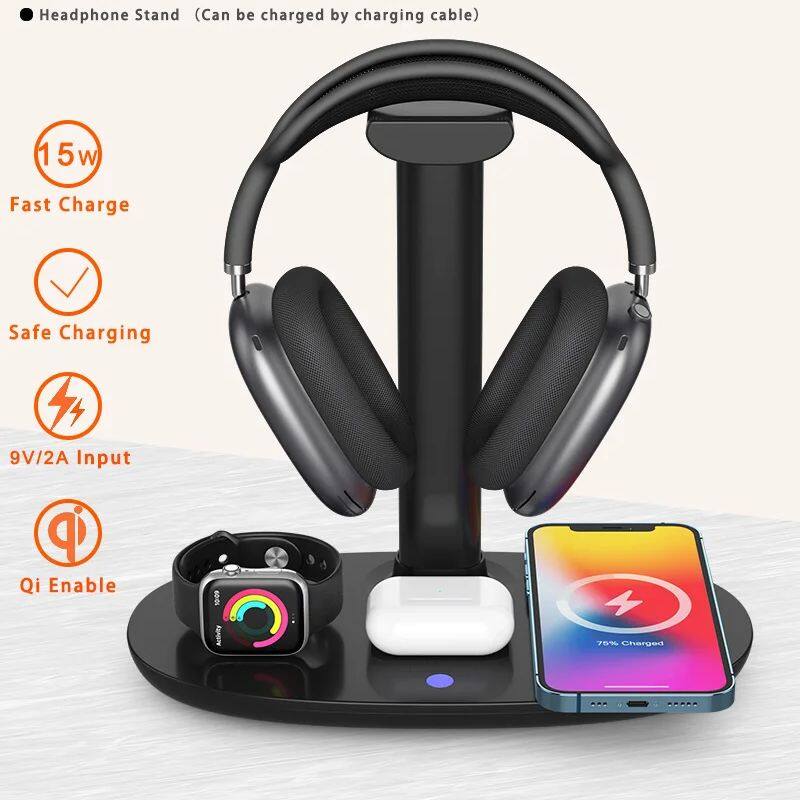 GEAR WALKER 4-in-1 Qi Wireless Charger with Headphone Holder 15W Fast Charging D