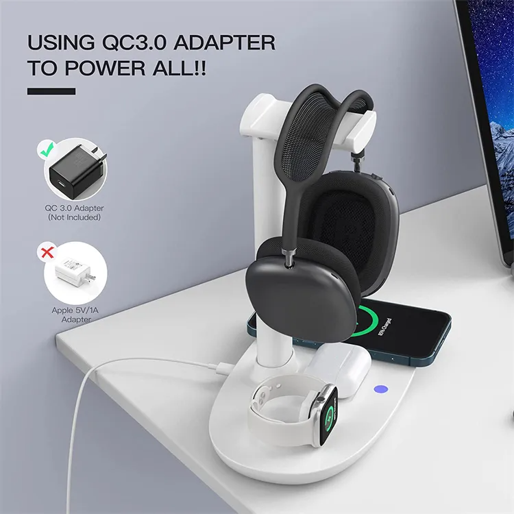 GEAR WALKER 4-in-1 Qi Wireless Charger with Headphone Holder 15W Fast Charging D