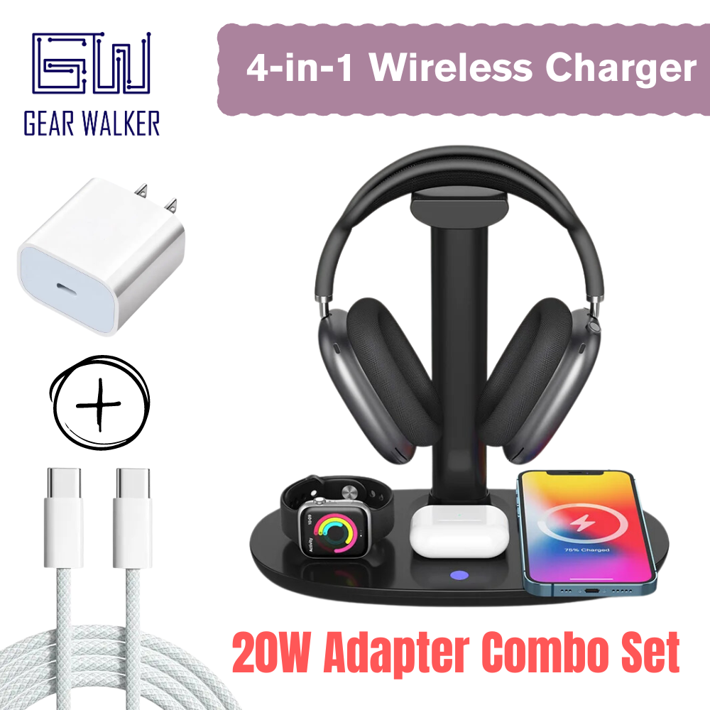 GEAR WALKER 4-in-1 Qi Wireless Charger with Headphone Holder 15W Fast Charging D