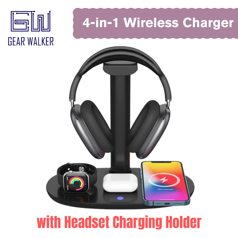 GEAR WALKER 4-in-1 Qi Wireless Charger with Headphone Holder 15W Fast Charging D