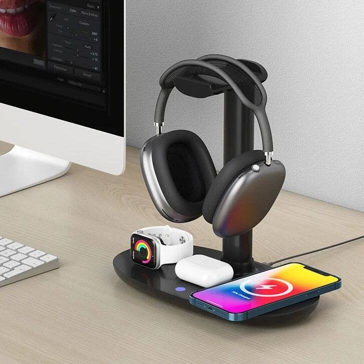 GEAR WALKER 4-in-1 Qi Wireless Charger with Headphone Holder 15W Fast Charging D