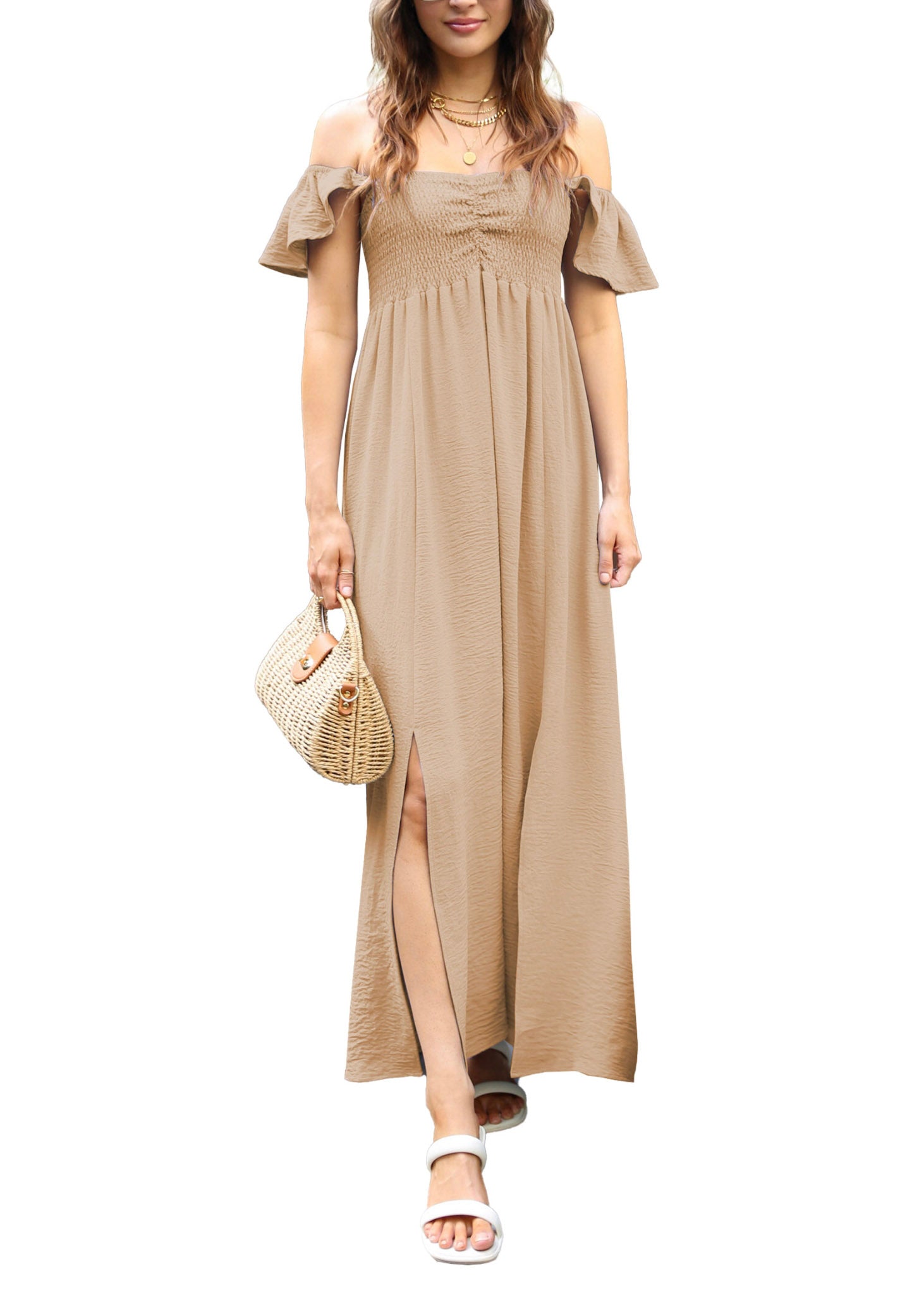Sommer Flatterärmel gerafftes Mieder fließendes Maxikleid mit Frontschlitz | 8 Farben - Bild 25 von 32