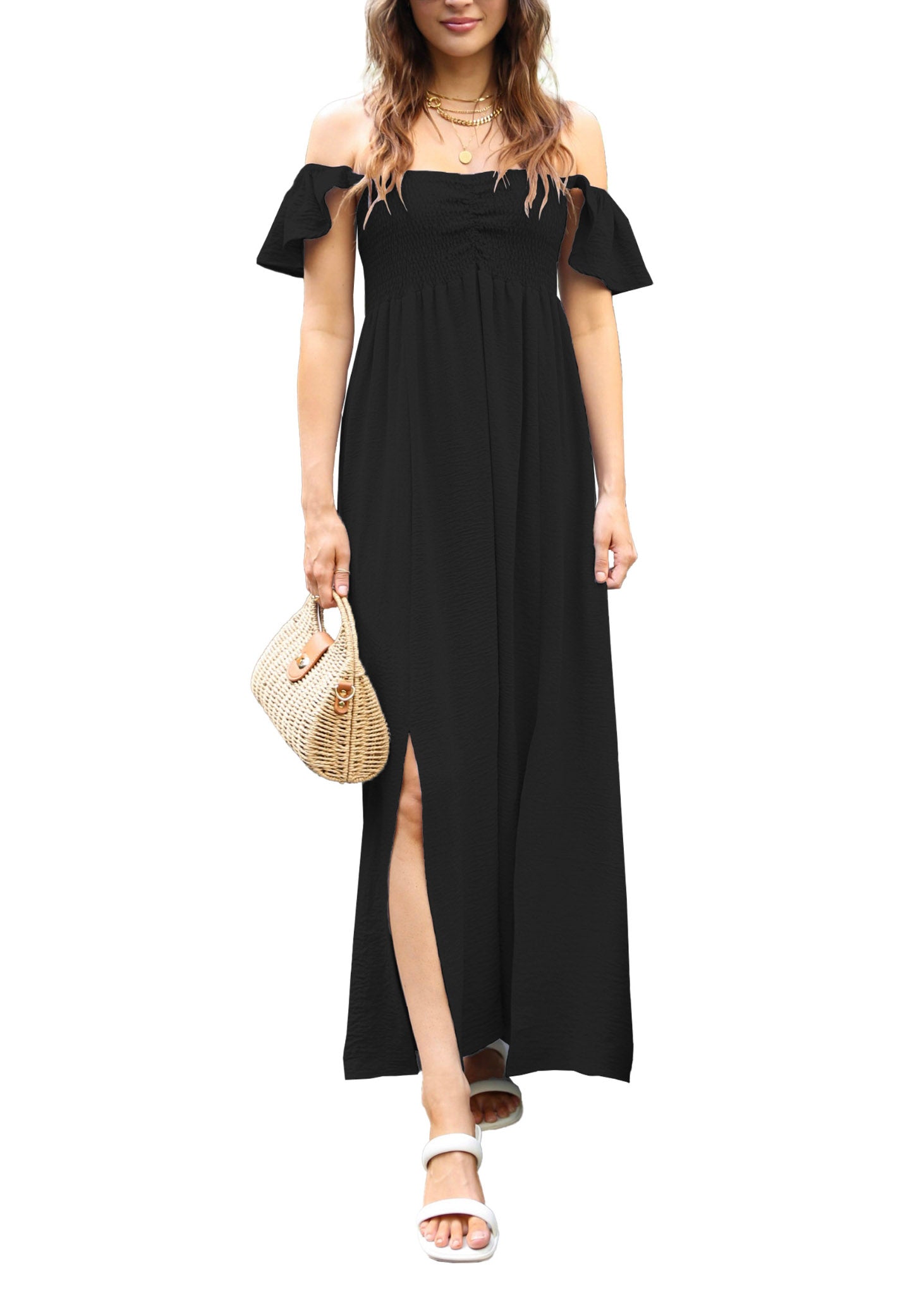 Sommer Flatterärmel gerafftes Mieder fließendes Maxikleid mit Frontschlitz | 8 Farben - Bild 26 von 32