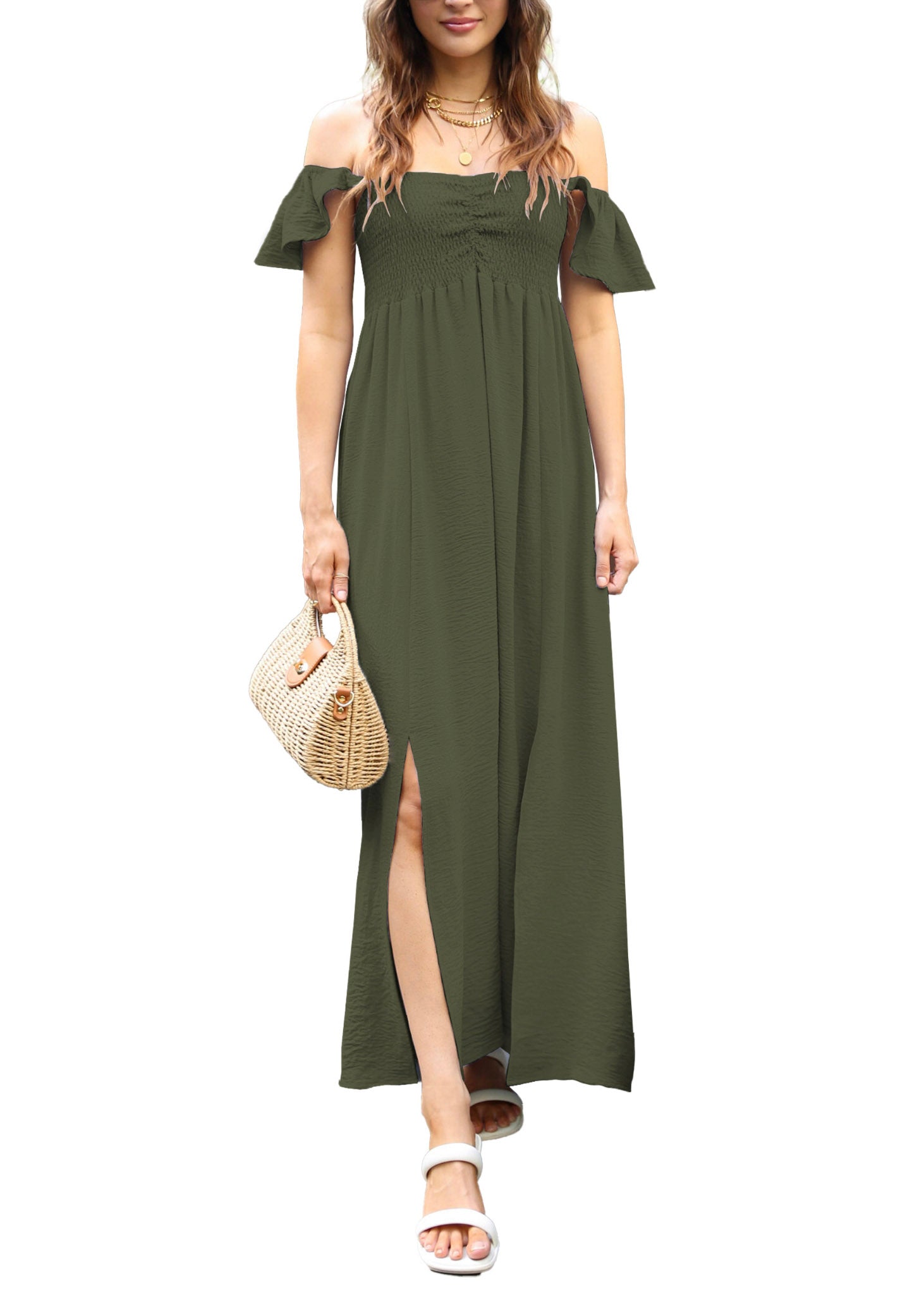 Sommer Flatterärmel gerafftes Mieder fließendes Maxikleid mit Frontschlitz | 8 Farben - Bild 29 von 32