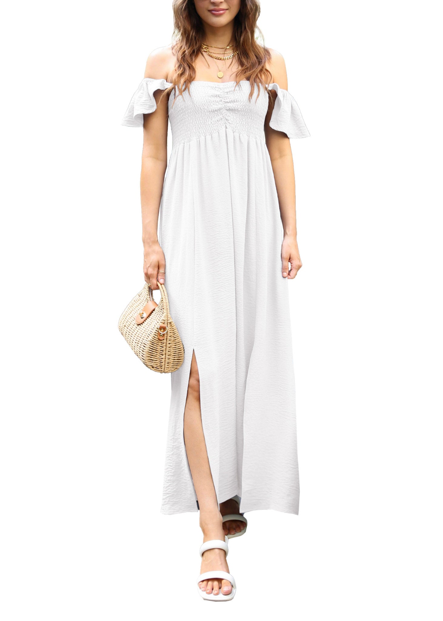 Sommer Flatterärmel gerafftes Mieder fließendes Maxikleid mit Frontschlitz | 8 Farben - Bild 32 von 32
