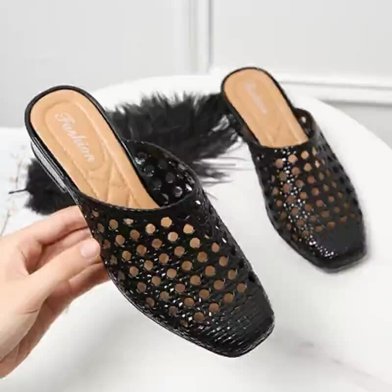 Women's Beach Shoes Slippers Soft Hollow Out Summer Mid Heels Square Toe Sandals - Picture 11 of 13