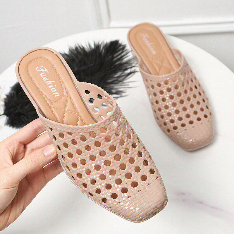 Women's Beach Shoes Slippers Soft Hollow Out Summer Mid Heels Square Toe Sandals - Picture 12 of 13