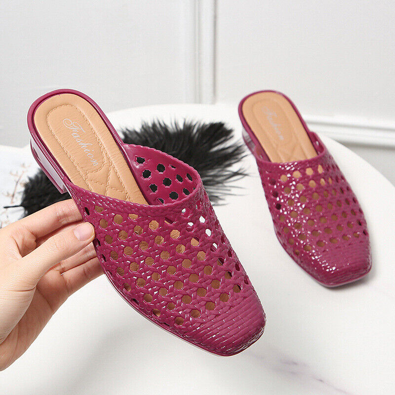 Women's Beach Shoes Slippers Soft Hollow Out Summer Mid Heels Square Toe Sandals - Picture 13 of 13