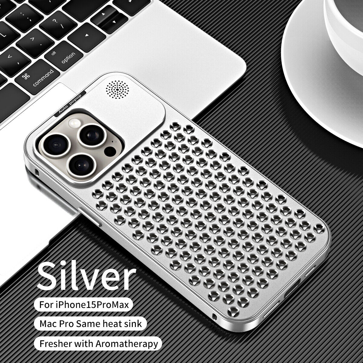 Custodia in lega metallica aromaterapia dissipazione calore per iPhone 14 15 Pro Max 13 12Pro - Foto 26 di 30