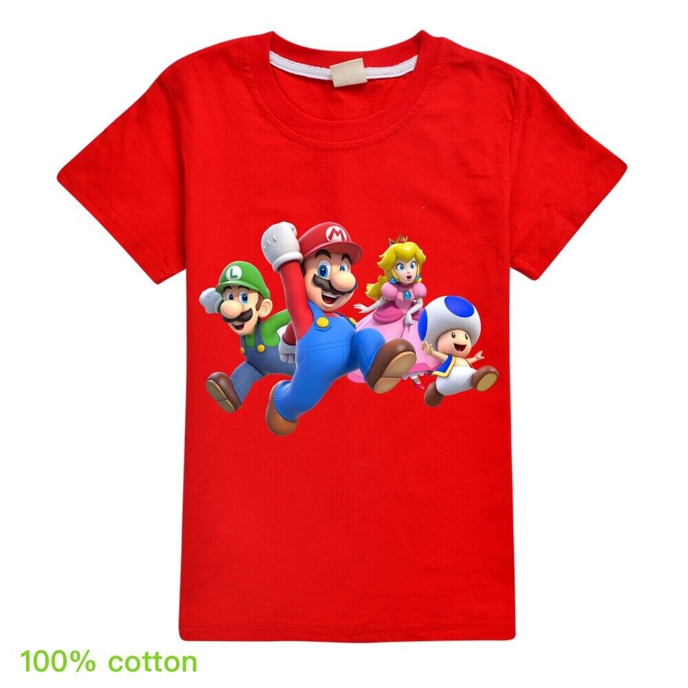 Boys Girls Kids Mario Summer Cotton Short Sleeve T-shirt Casual Tops Tee 2-13Y