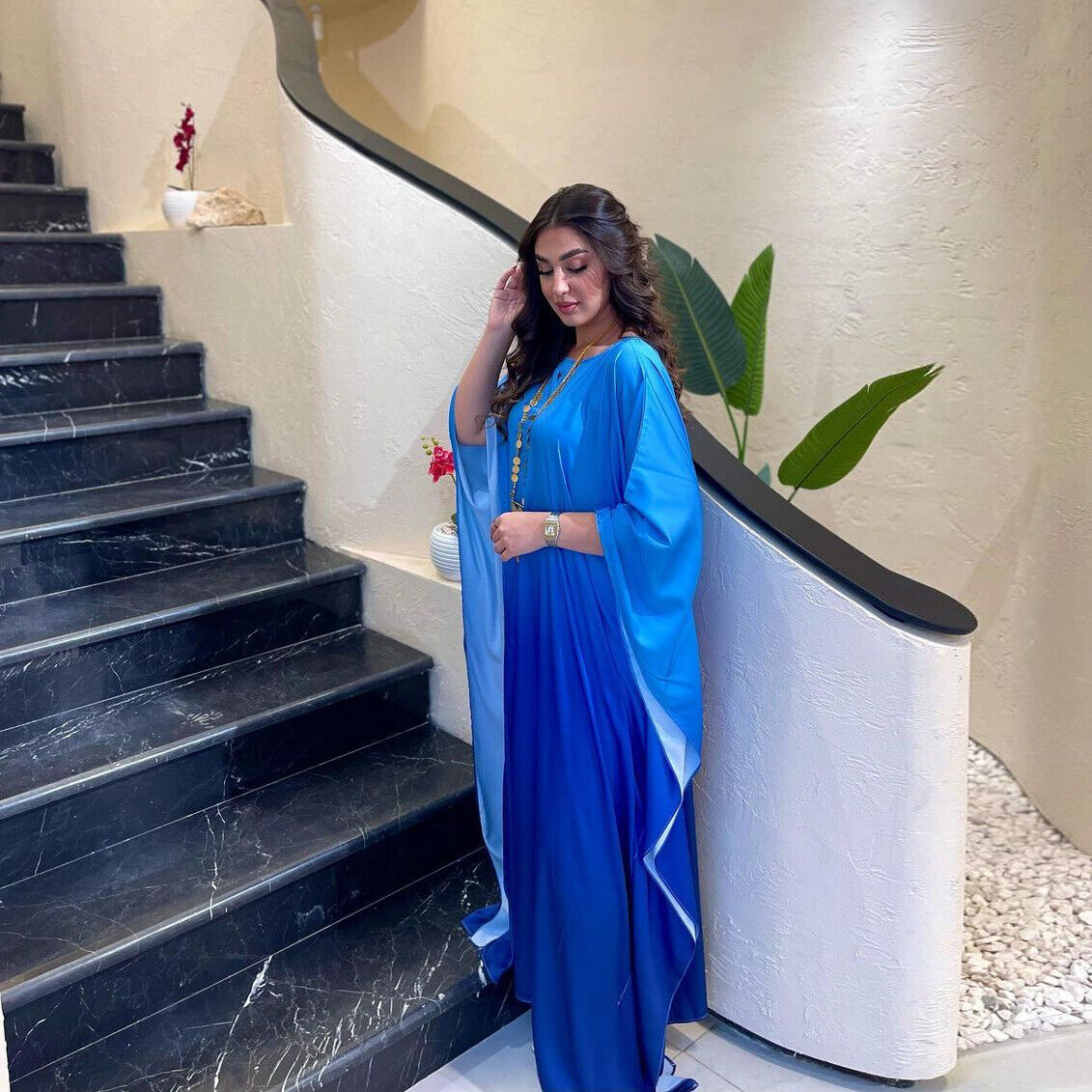 Elegant Women Gradient Color Dress Muslim Islamic Abaya Kaftan Bat Sleeve Gown - Picture 13 of 46