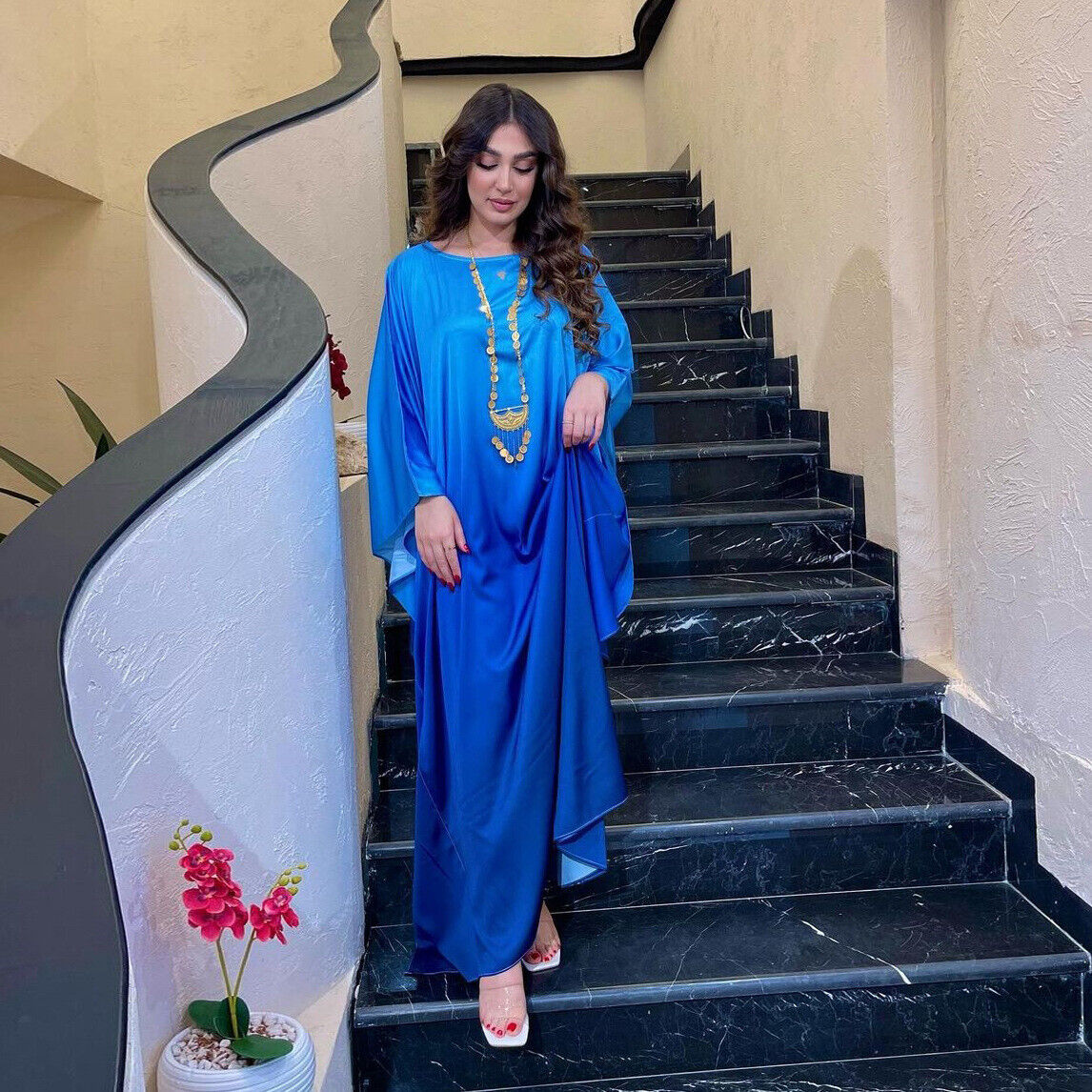Elegant Women Gradient Color Dress Muslim Islamic Abaya Kaftan Bat Sleeve Gown - Picture 15 of 46