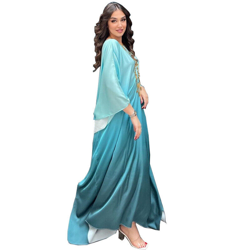 Elegant Women Gradient Color Dress Muslim Islamic Abaya Kaftan Bat Sleeve Gown - Picture 23 of 46