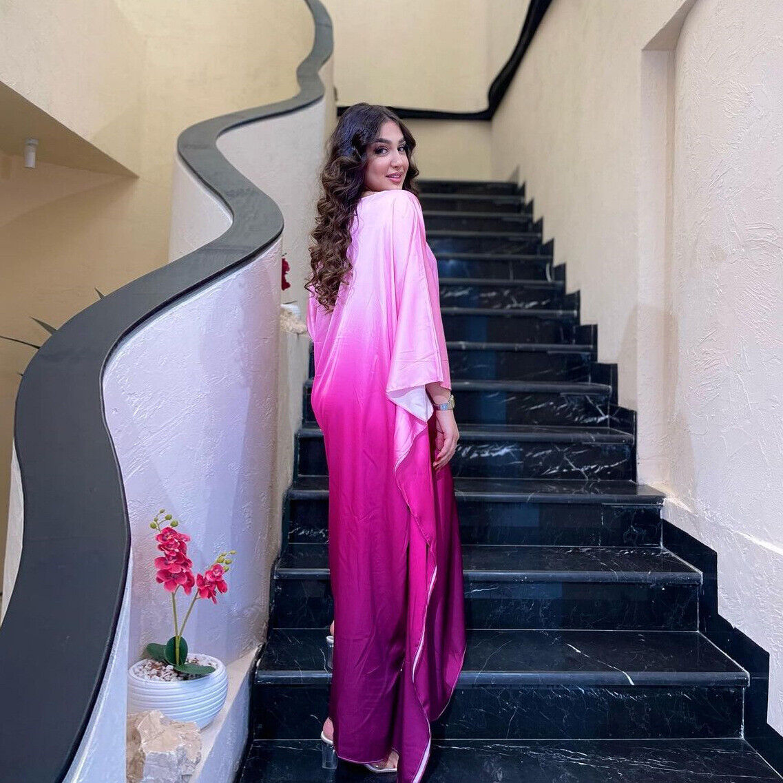Elegant Women Gradient Color Dress Muslim Islamic Abaya Kaftan Bat Sleeve Gown - Picture 29 of 46