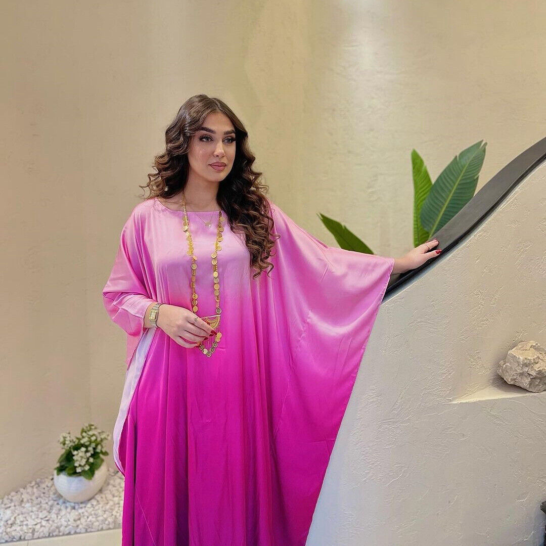 Elegant Women Gradient Color Dress Muslim Islamic Abaya Kaftan Bat Sleeve Gown - Picture 30 of 46