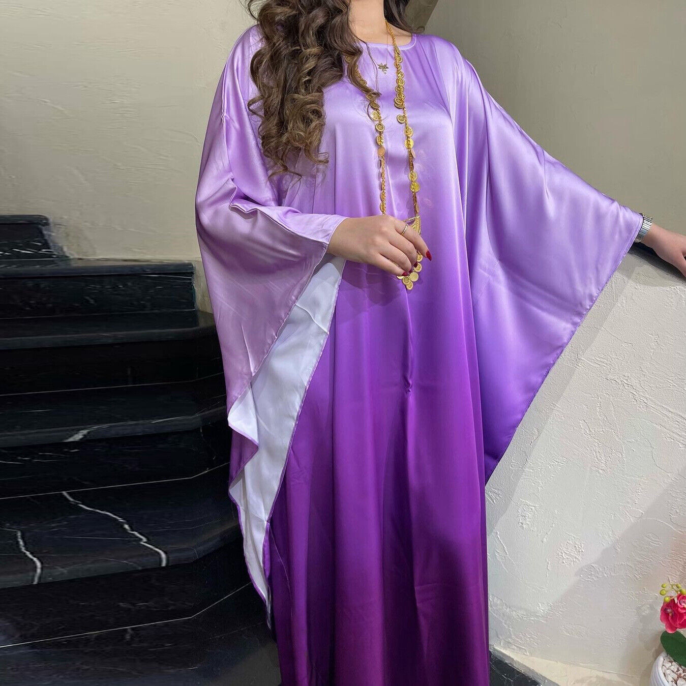 Elegant Women Gradient Color Dress Muslim Islamic Abaya Kaftan Bat Sleeve Gown - Picture 38 of 46