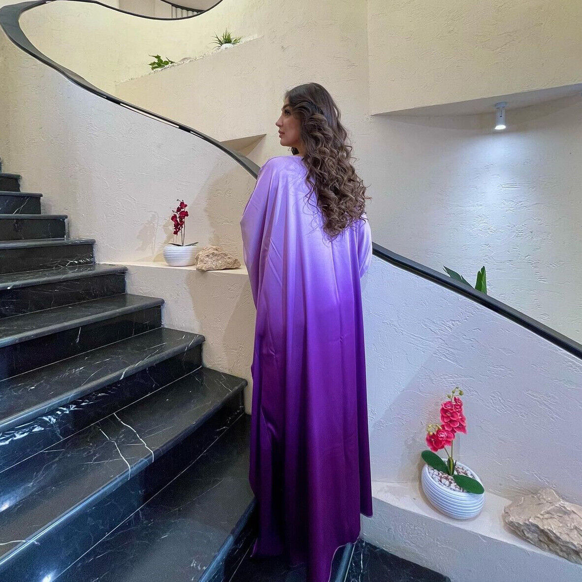 Elegant Women Gradient Color Dress Muslim Islamic Abaya Kaftan Bat Sleeve Gown - Picture 39 of 46
