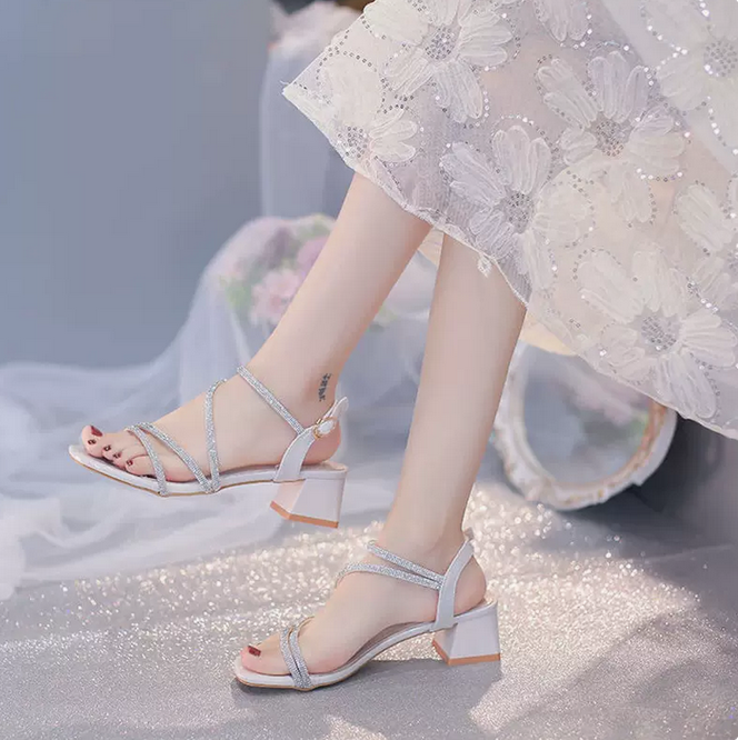 Women Peep Toe Low Heel Rhinestone Sandals Ladies Party Prom Ankle Strap Shoes D - Picture 22 of 22