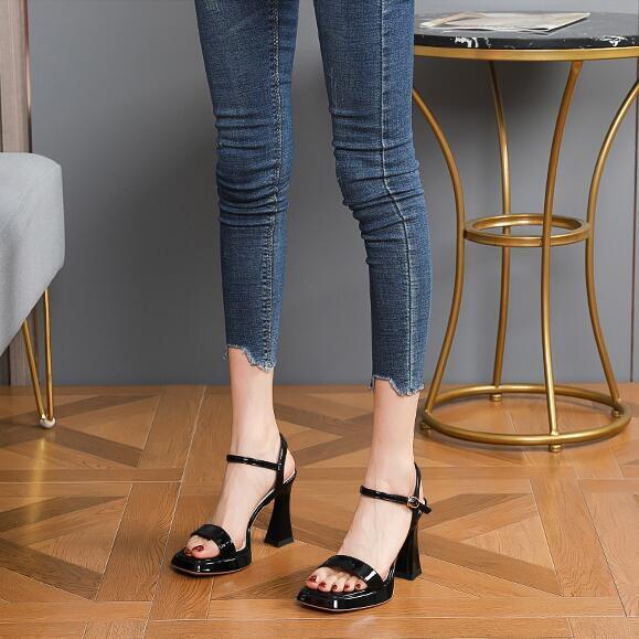 Mujeres Puntera Cuadrada Patente Cuero Tacones Altos de Bloque Verano Cordón Sandalias Vestido - Imagen 19 de 22