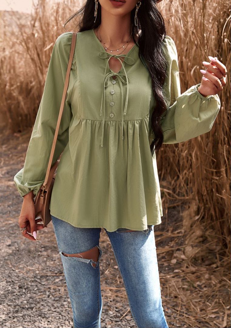 Double Tie Neck Babydoll Blouse | 5 colors - Picture 26 of 29