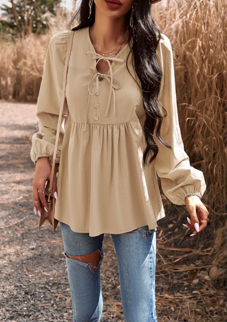 Double Tie Neck Babydoll Blouse | 5 colors - Picture 27 of 29