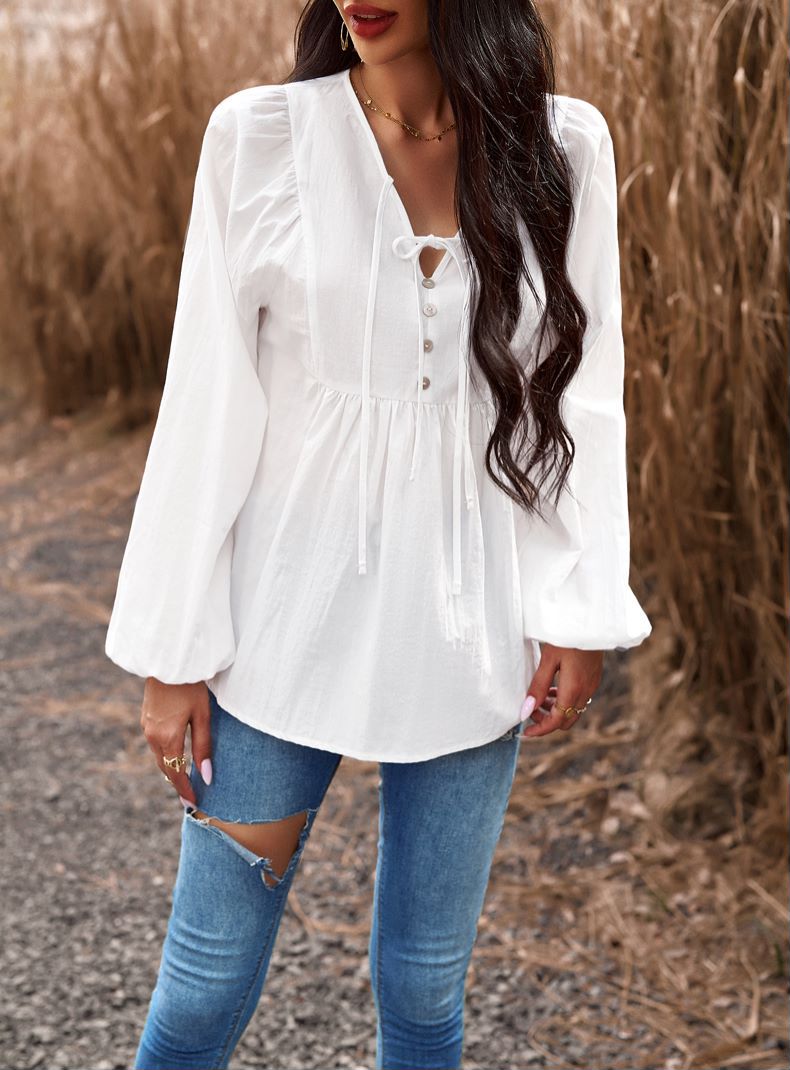 Double Tie Neck Babydoll Blouse | 5 colors - Picture 28 of 29