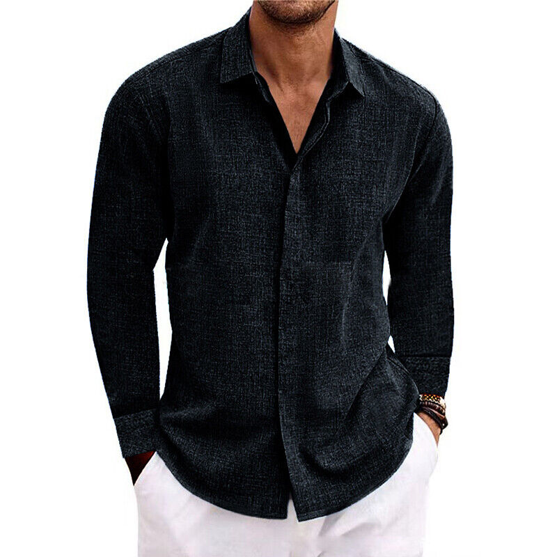 Mens Casual Linen Style Long Sleeve Solid Shirts Fit Formal Dress Tops Tee Shirt - Picture 10 of 16