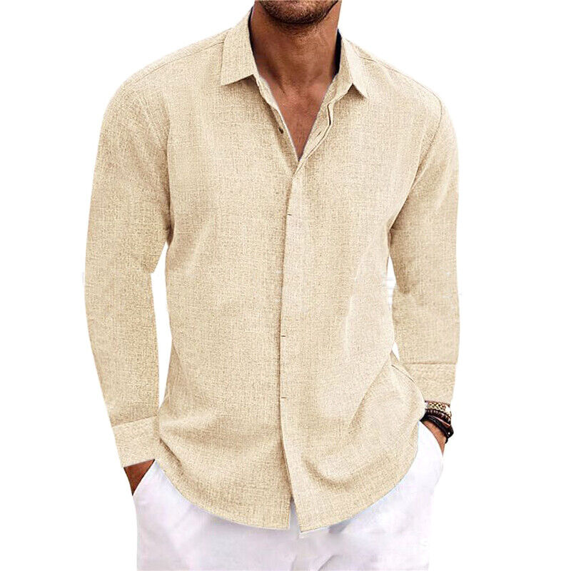 Mens Casual Linen Style Long Sleeve Solid Shirts Fit Formal Dress Tops Tee Shirt - Picture 12 of 16