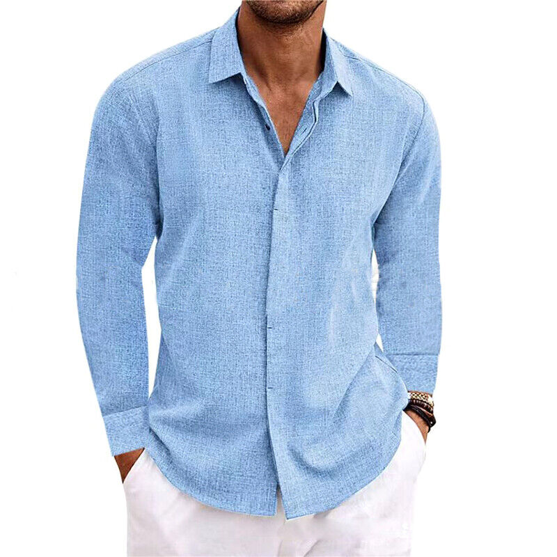 Mens Casual Linen Style Long Sleeve Solid Shirts Fit Formal Dress Tops Tee Shirt - Picture 13 of 16