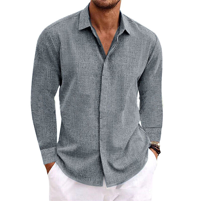 Mens Casual Linen Style Long Sleeve Solid Shirts Fit Formal Dress Tops Tee Shirt - Picture 14 of 16