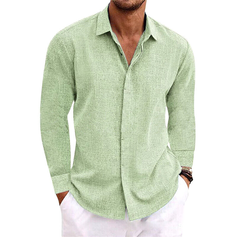 Mens Casual Linen Style Long Sleeve Solid Shirts Fit Formal Dress Tops Tee Shirt - Picture 15 of 16