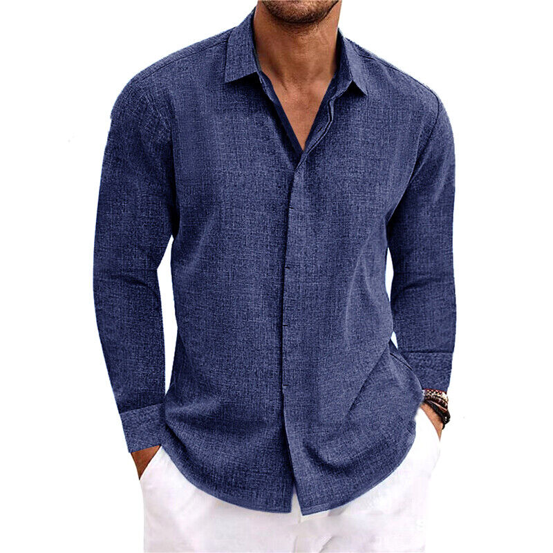 Mens Casual Linen Style Long Sleeve Solid Shirts Fit Formal Dress Tops Tee Shirt - Picture 16 of 16