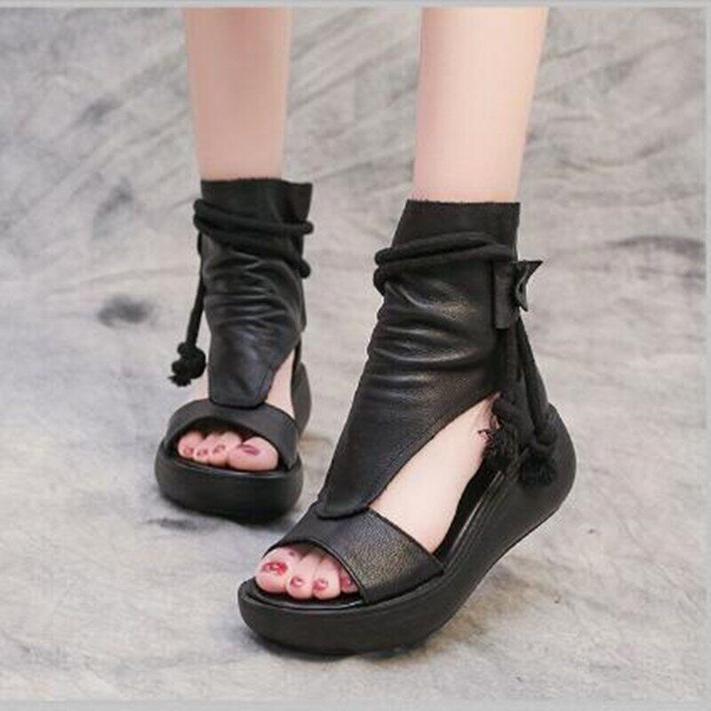 Summer Women Leather Sandals Peep Toe Cool Boots Platform Wedges Sandals Roman - Picture 25 of 26