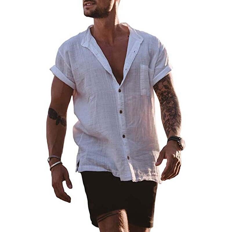 Mens Linen Shirt Short Sleeve Summer Shirts Casual Button Down Men Beach T-shirt - Picture 9 of 14