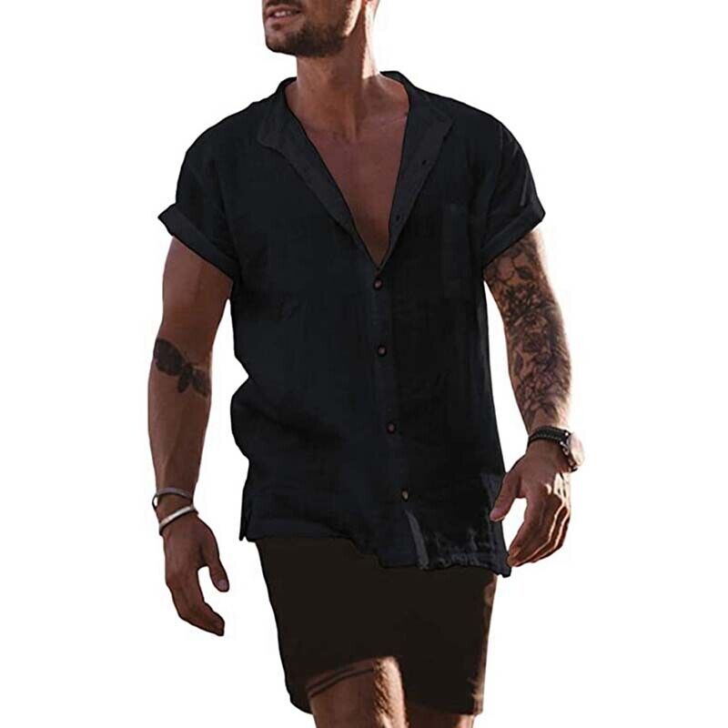 Mens Linen Shirt Short Sleeve Summer Shirts Casual Button Down Men Beach T-shirt - Picture 10 of 14