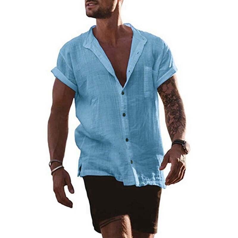 Mens Linen Shirt Short Sleeve Summer Shirts Casual Button Down Men Beach T-shirt - Picture 11 of 14