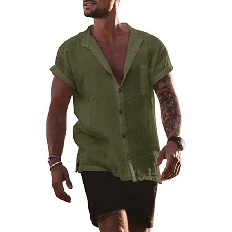 Mens Linen Shirt Short Sleeve Summer Shirts Casual Button Down Men Beach T-shirt - Picture 12 of 14