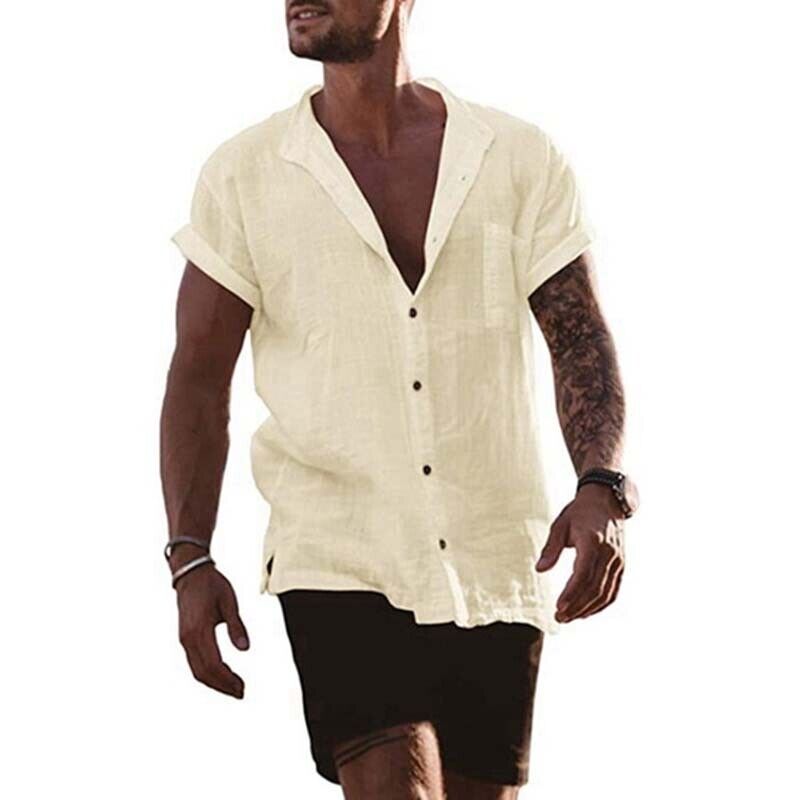 Mens Linen Shirt Short Sleeve Summer Shirts Casual Button Down Men Beach T-shirt - Picture 14 of 14